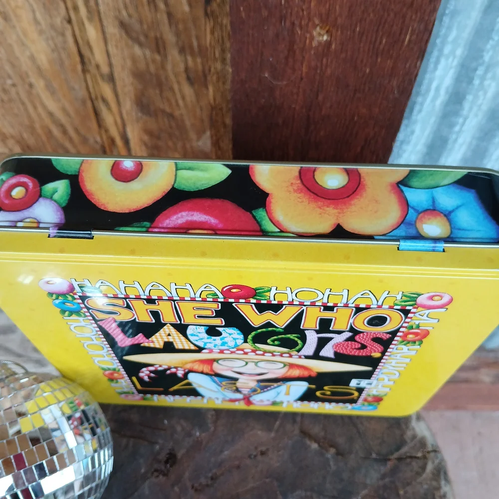 VINTAGE Mary Engelbreit Colorful Party Tin Box 1980s Gift Girlhoodcore Whimsical